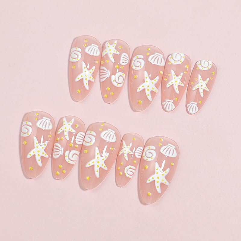 TOGZOM Summer Press on Nails Almond Beach Fake Nails 3D Ocean Acrylic Nails White Sea Shell Starfish Artificial Nails Medium Length False Nails Glue on Nails for Women Girls Manicure 24Pcs - Image 3